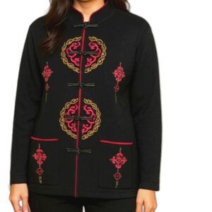 LIHAO Black Wool Intricate Red Gold Embroidered Medallions Frog Closure Sweater